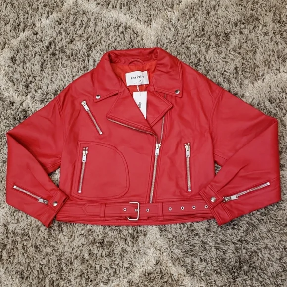 Ena Pelly Red Leather ‘Grace’ Biker Moto Jacket